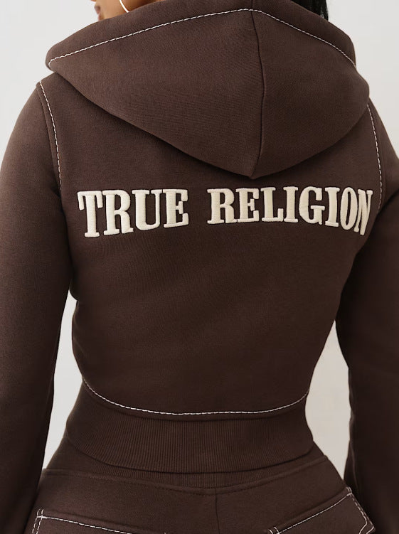 Y2K True Religion Contrast Stitch Embroidery Crop Hoodie 2 Piece Set