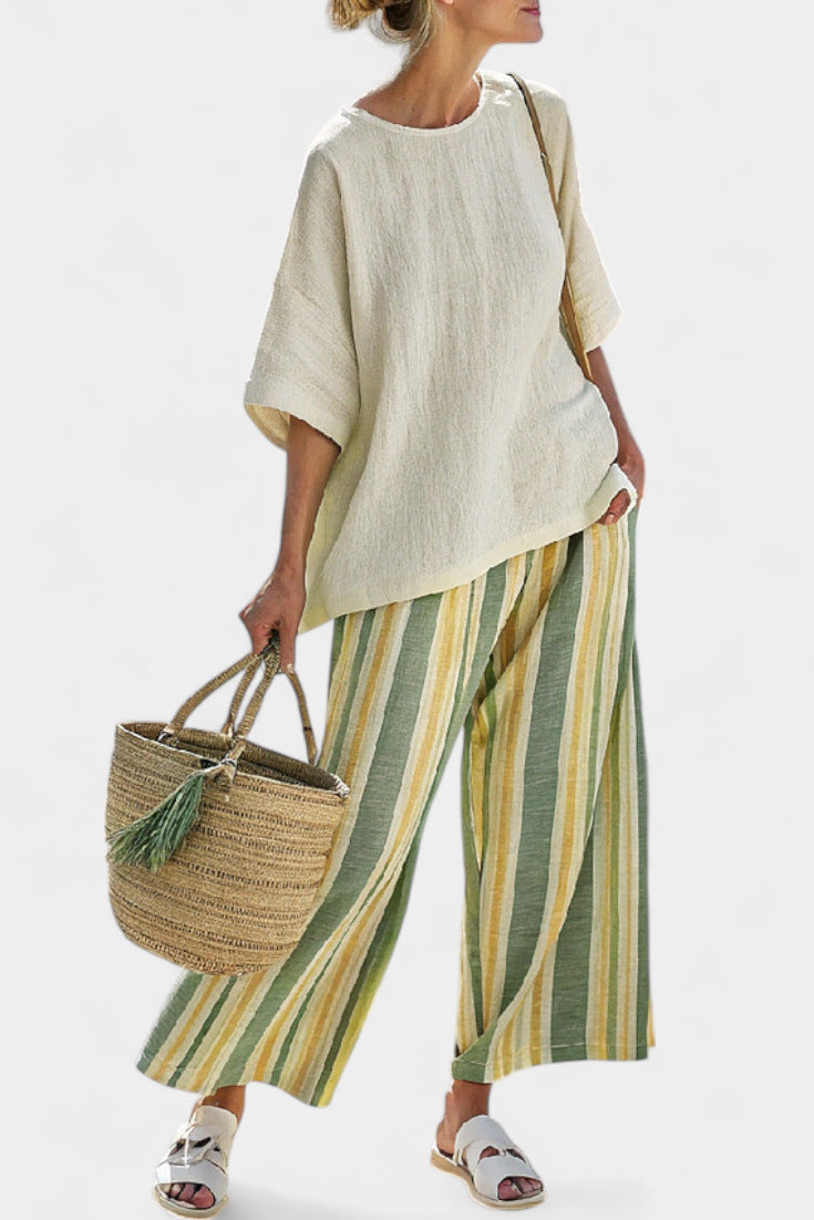 Women European Boho Striped Plus Size Loose Kaftan Beach Vacation Set