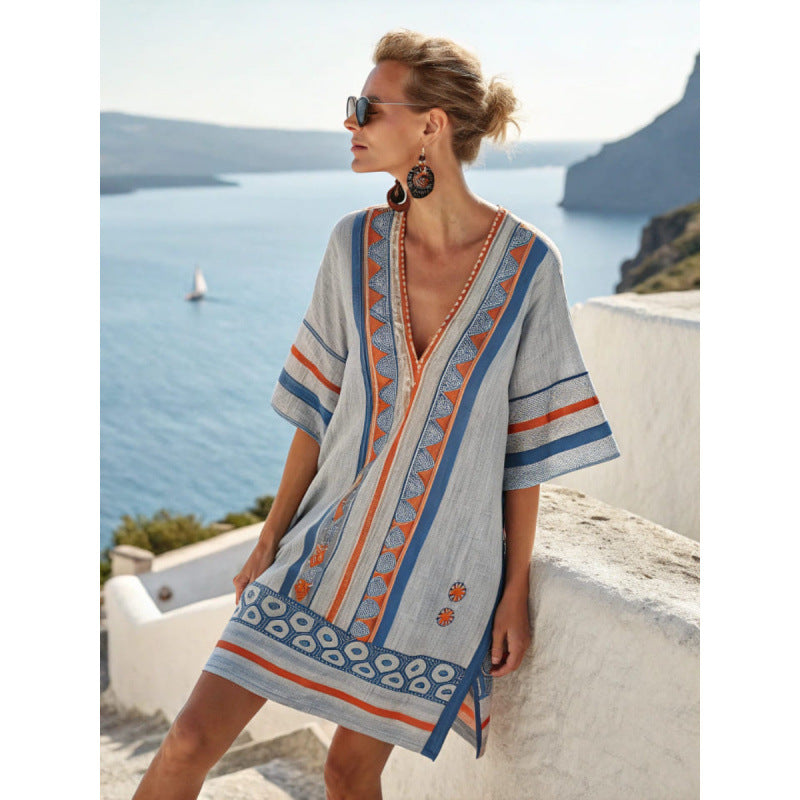 Women Boho Striped V Neck Loose Kaftan Midi Beach Dress