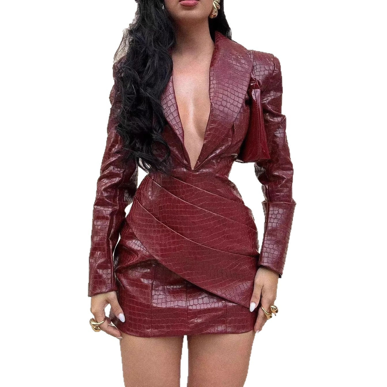 Croc Faux Leather Deep V Wrap Ruched Long Sleeve Mini Dress Women