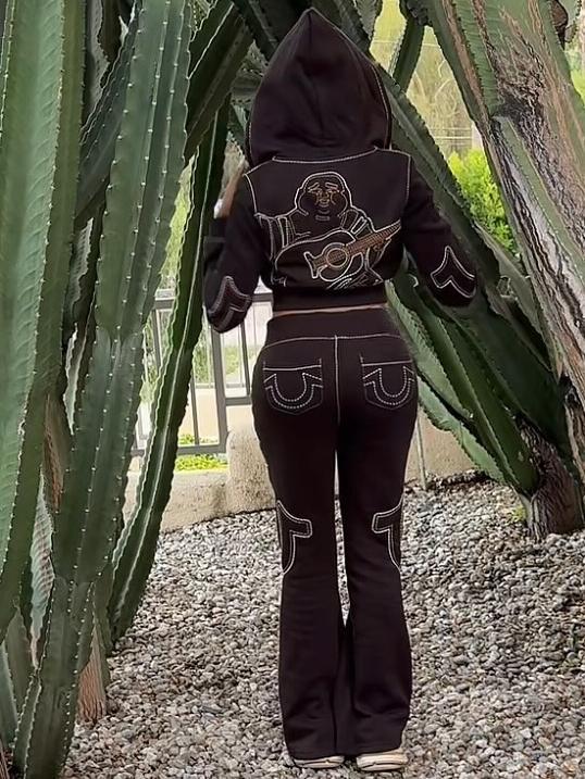 True Religion Stitch Embroidered Zip Crop Hoodie Flare Pants Tracksuit Set