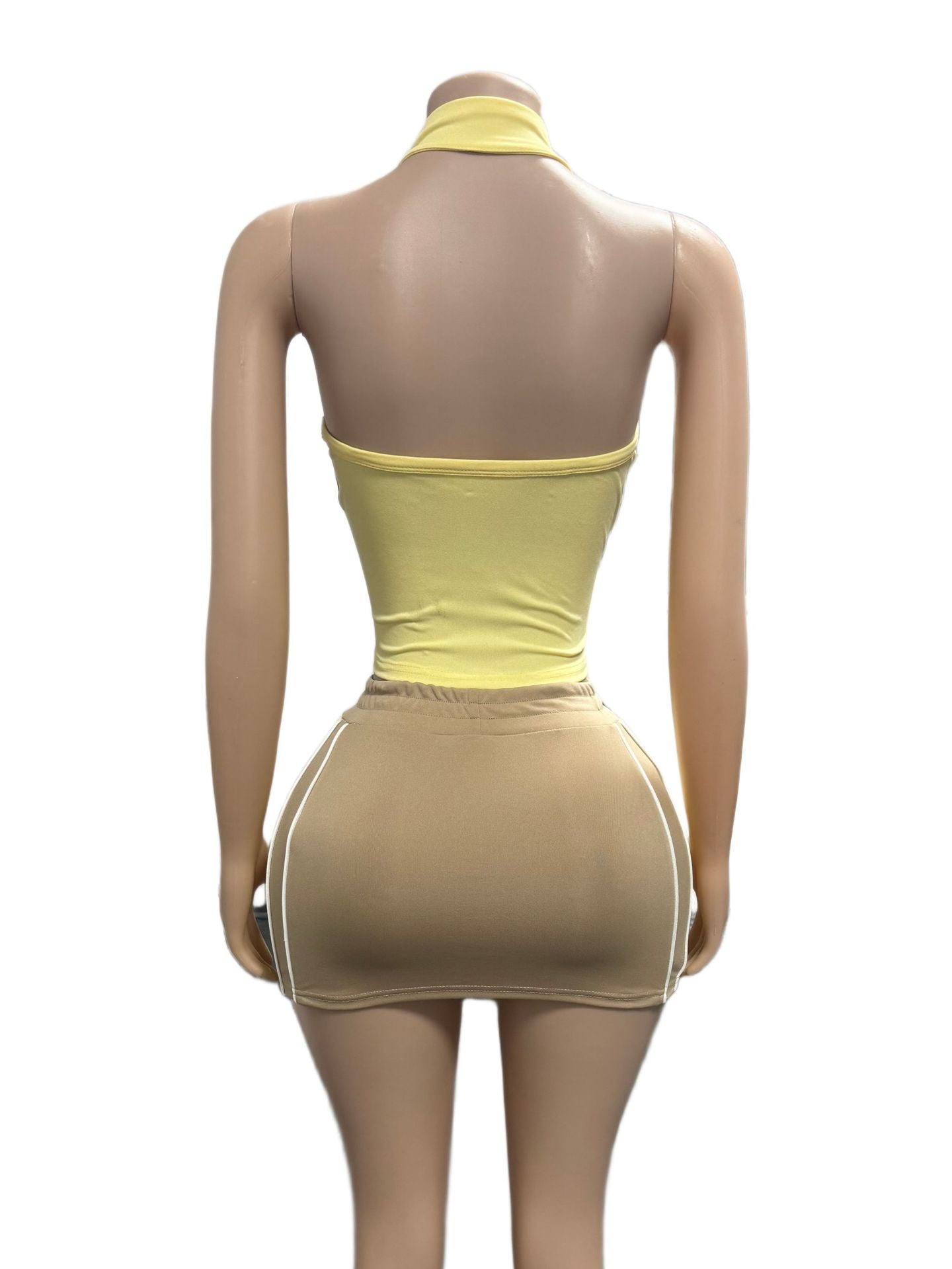 Color Block Zip Front Halter Crop Top Mini Skirt 2 Piece Set Women