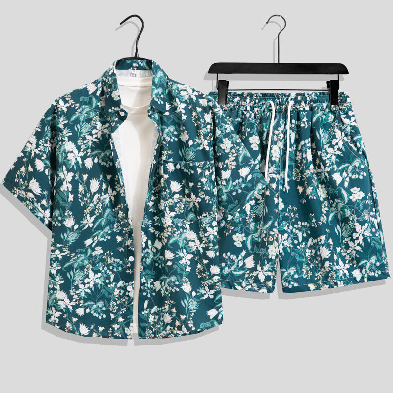 Ice Silk Quick Dry Couple Floral Loose Beach Shirt Shorts Set T3601-T3630