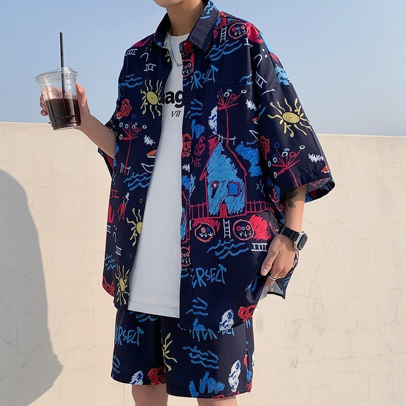 Couple Quick Dry Floral Loose Tropical Beach Shirt Shorts Set