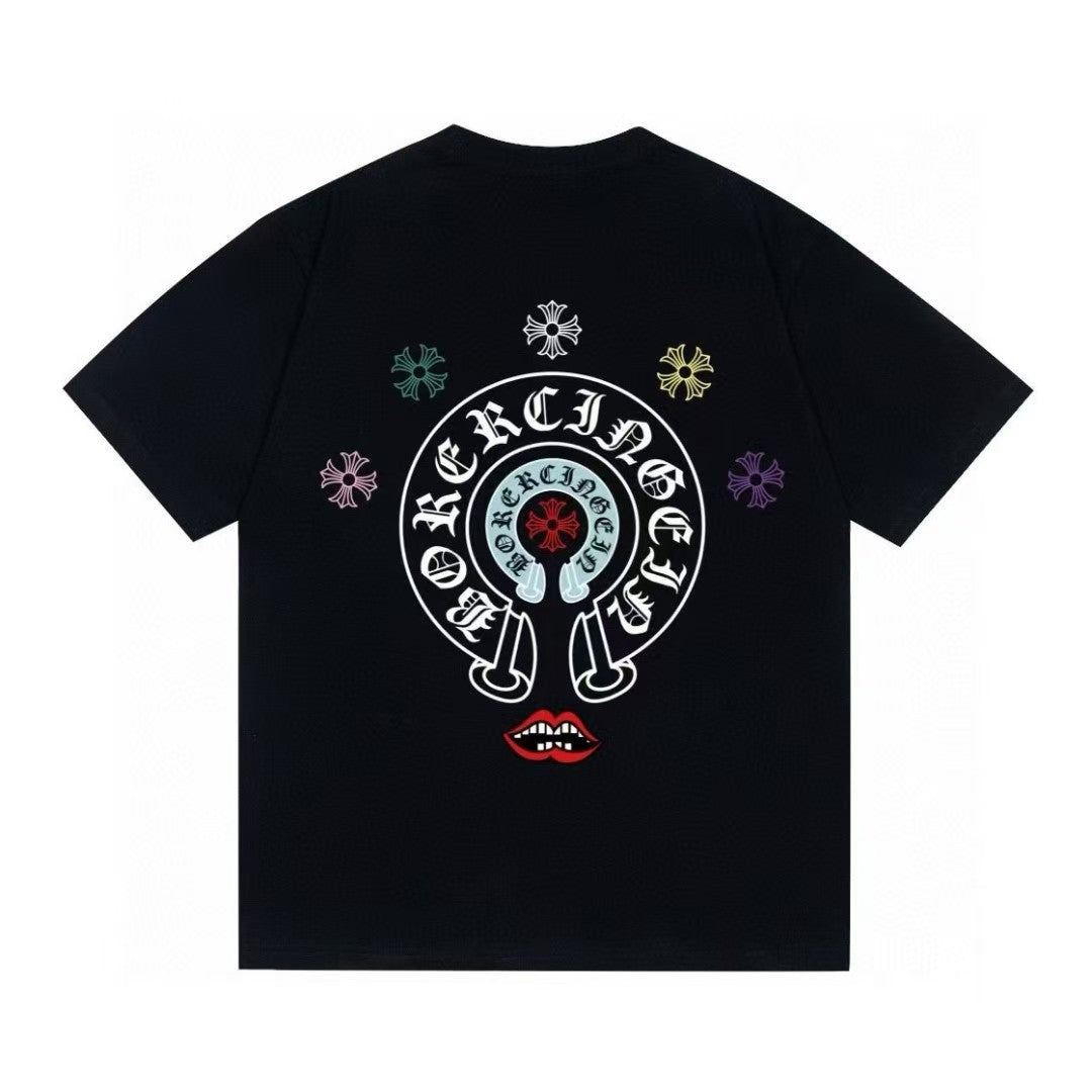 Chrome Hearts Color Sanskrit Cross Print Short Tee Unisex Y2K