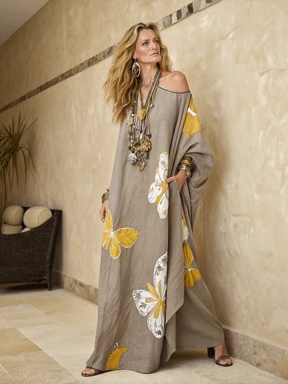 Women Boho Diagonal Striped Off Shoulder Loose Kaftan Maxi Beach Dress