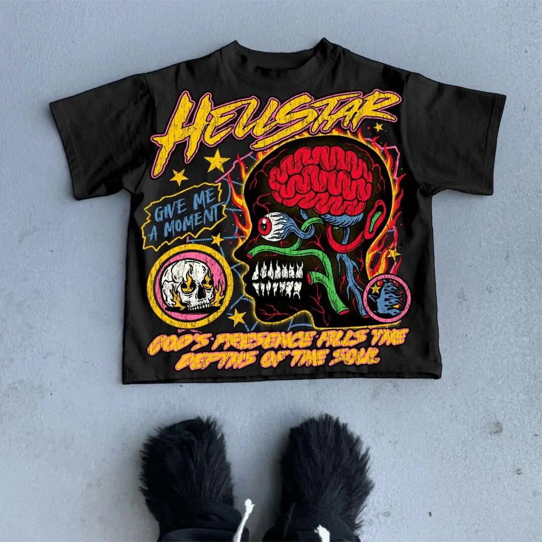 Hellstar Style Vintage Hip Hop Grafik Oversized Streetwear Baumwoll-T-Shirt