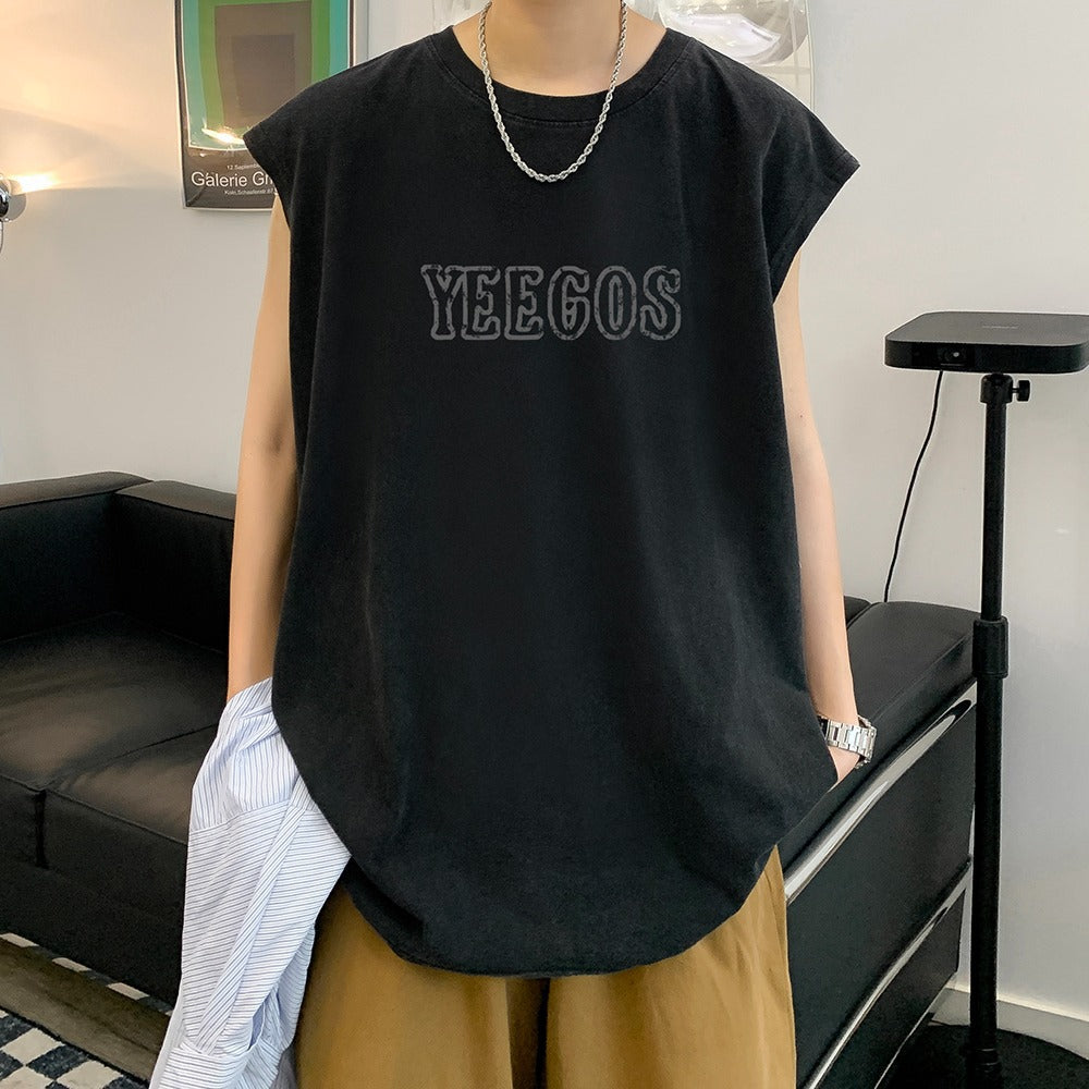 Vintage Washed Graphic Tank Mens Loose American Hip Hop Sleeveless Tee