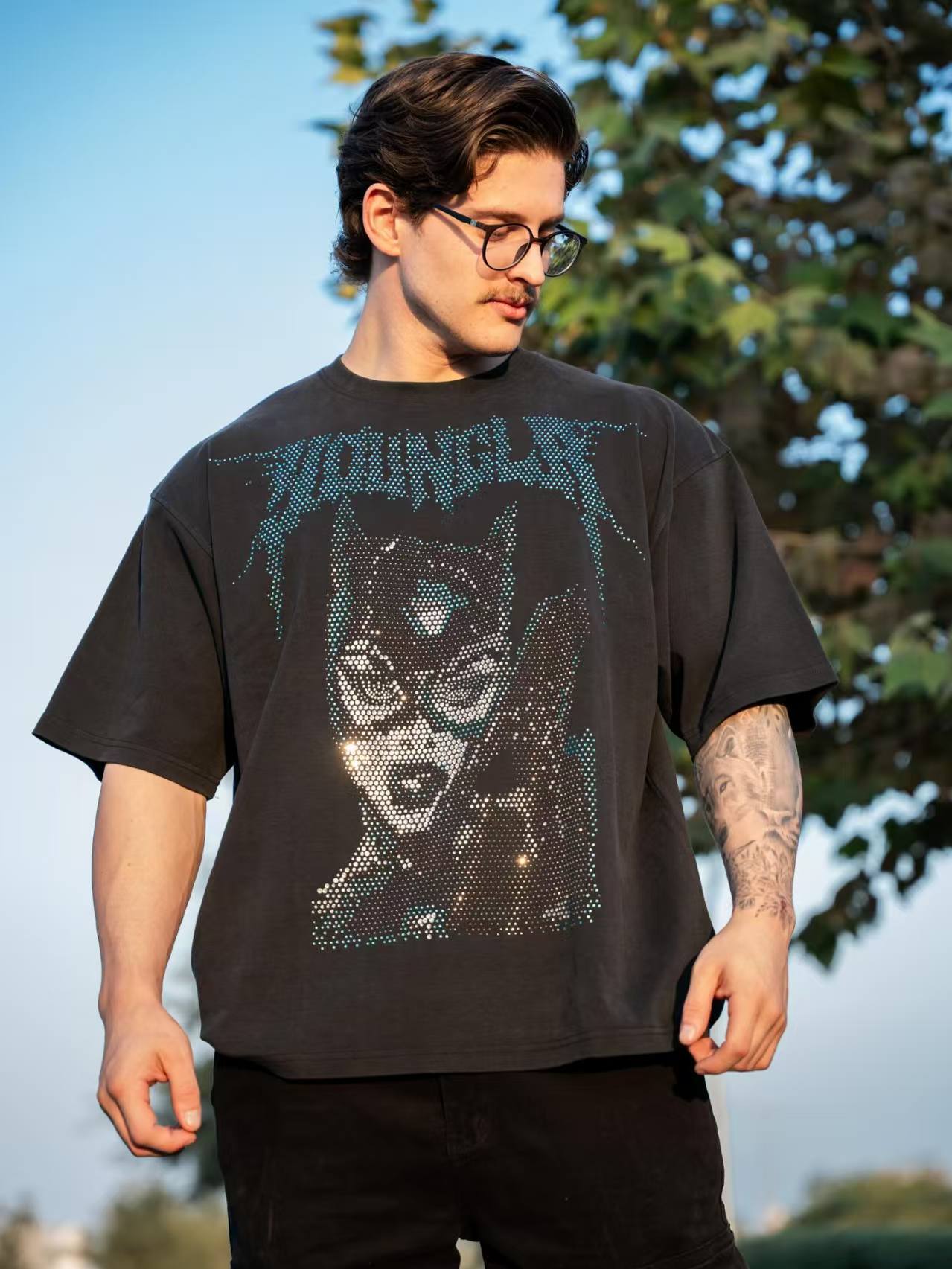YOUNGLA 4257 Batman Rhinestone Tees