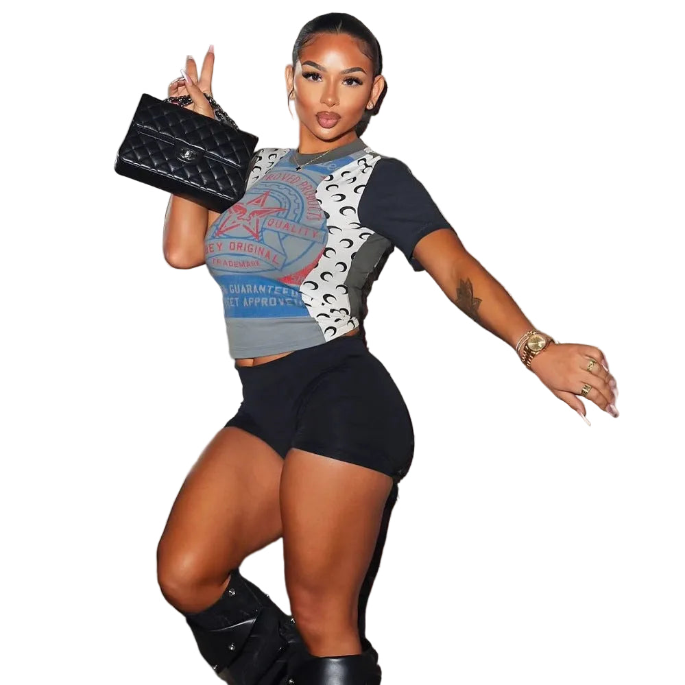 Vintage Star Graphic Print Short Sleeve Crop Top Biker Short 2 Piece Set