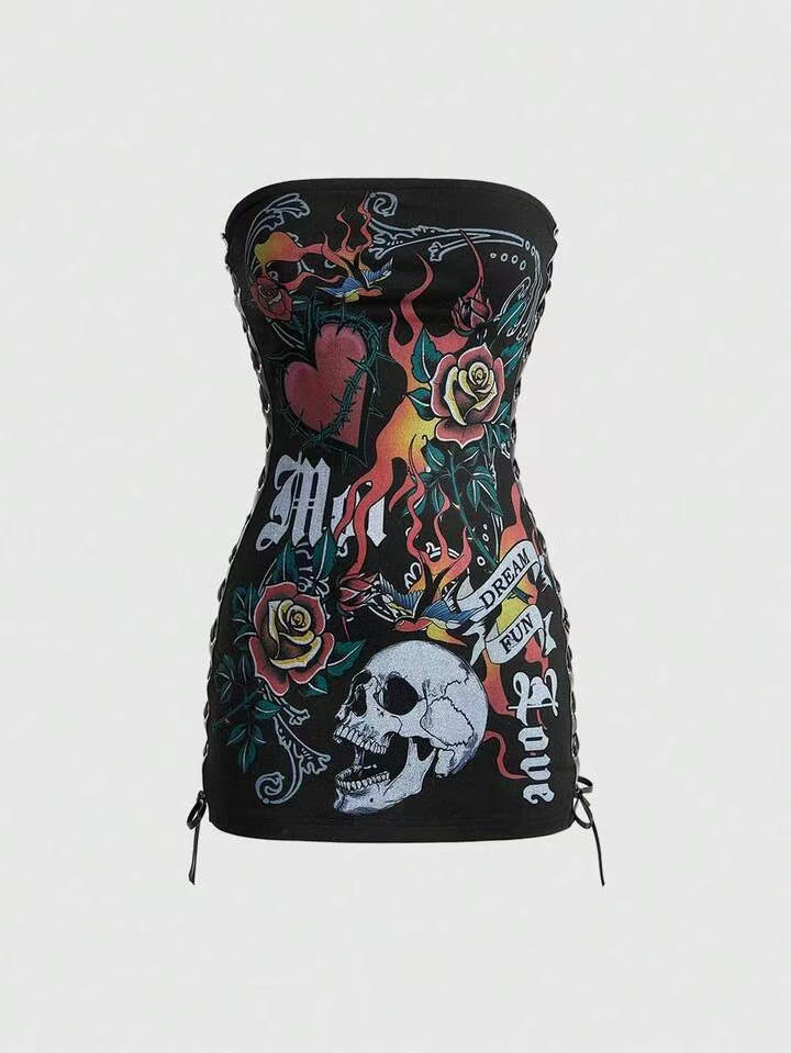Skull Rose Graphic Print Strapless Side Lace Up Bodycon Mini Dress Women