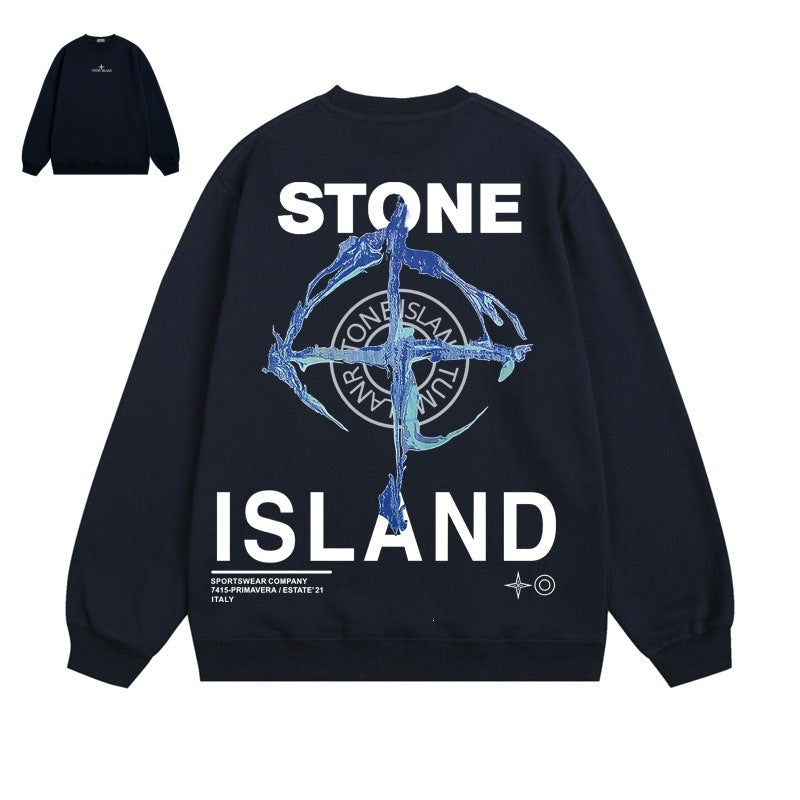 Stone Island Compass Print Crewneck Sweatshirt Men Winter Fleece Top