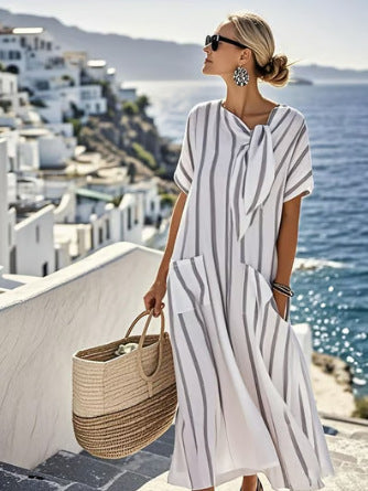 Women Boho Vertical Striped Tie Neck Pocket Loose Maxi Beach Dress