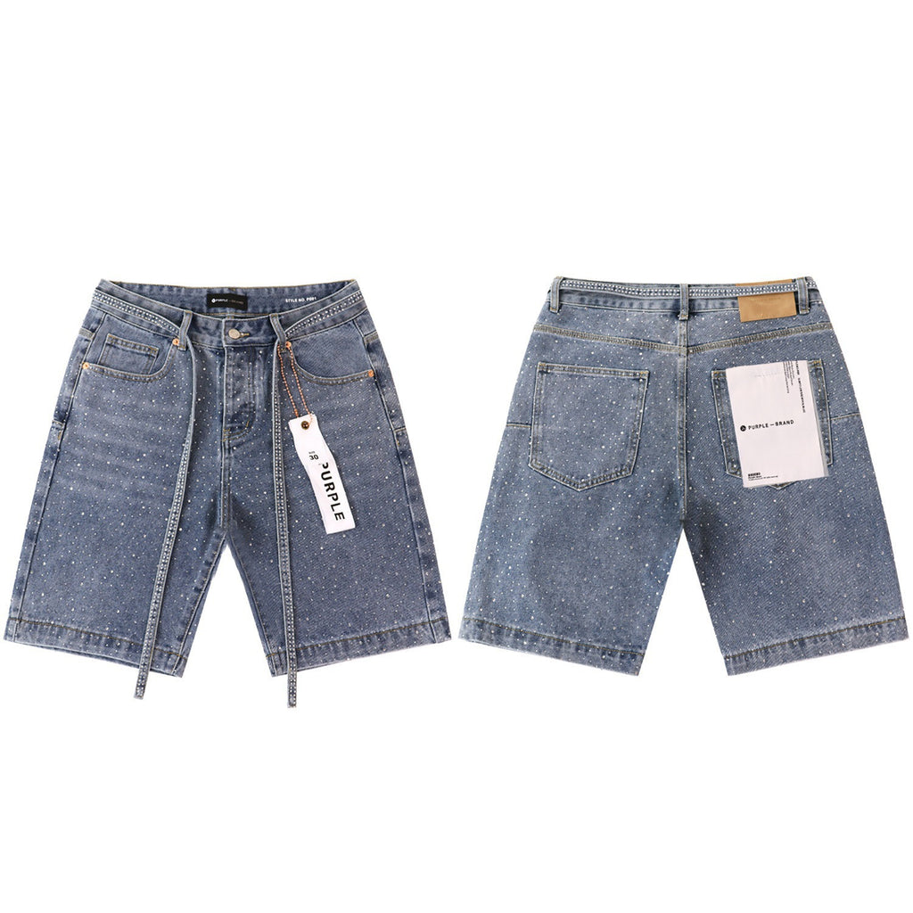 Purple Brand Rhinestone Straight‑Leg Denim Shorts Unisex
