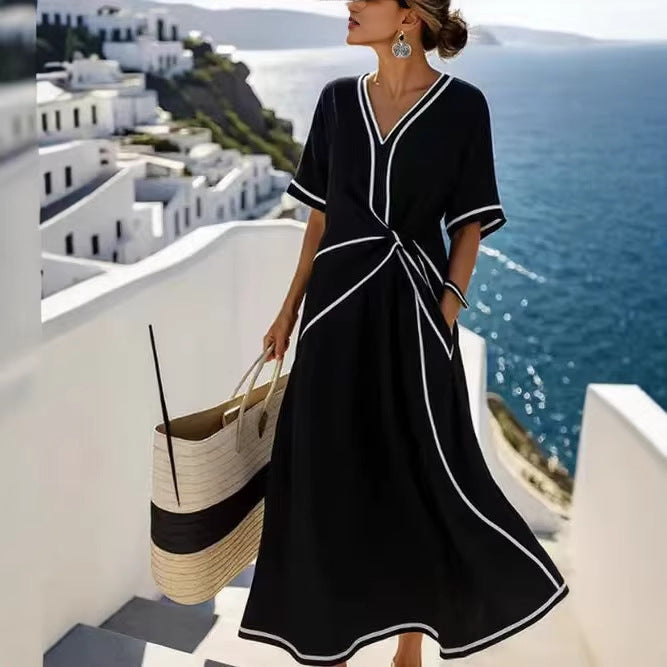 Women Boho V Neck Twist Front Trim Loose Linen Beach Maxi Dress