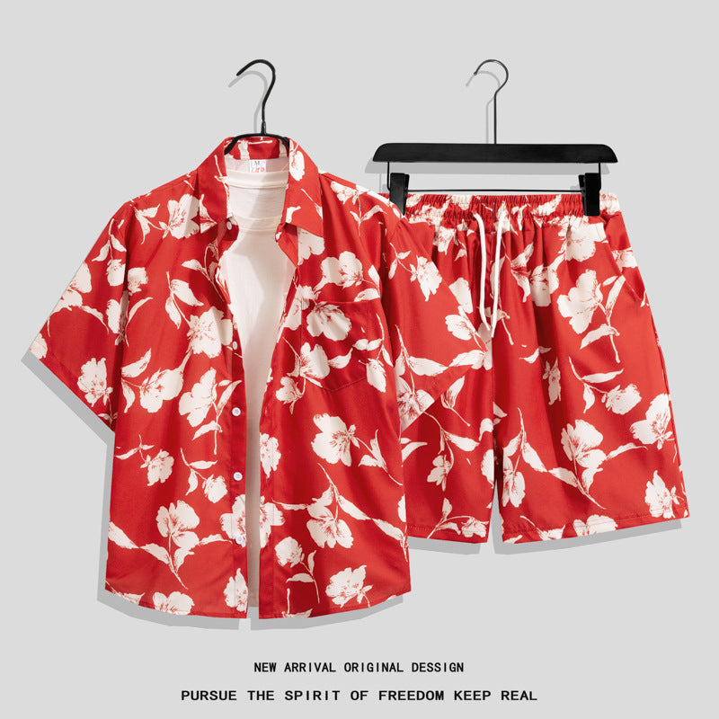 Ice Silk Quick Dry Couple Floral Loose Beach Shirt Shorts Set T3601-T3630