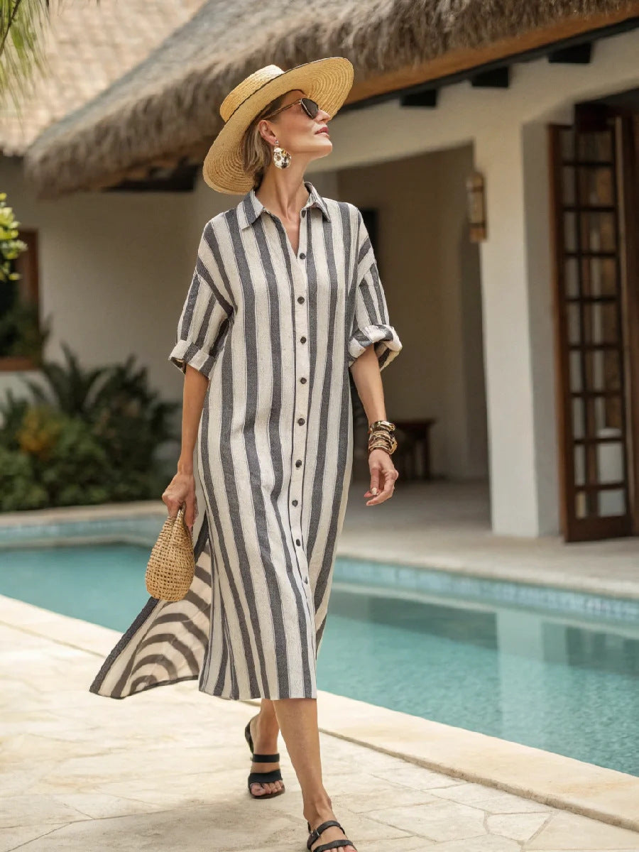 Women Boho Vertical Striped Collared Button Front Slit Loose Maxi Beach Dress