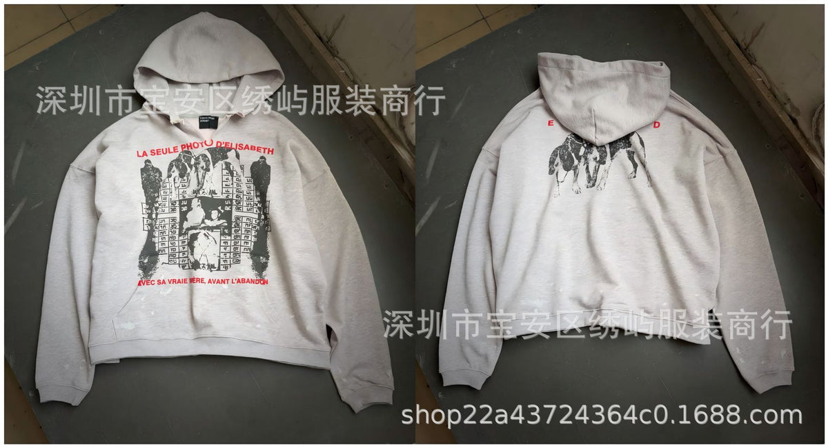 ERD Distressed Photo Letter Print Hoodie Vintage Cotton Pullover