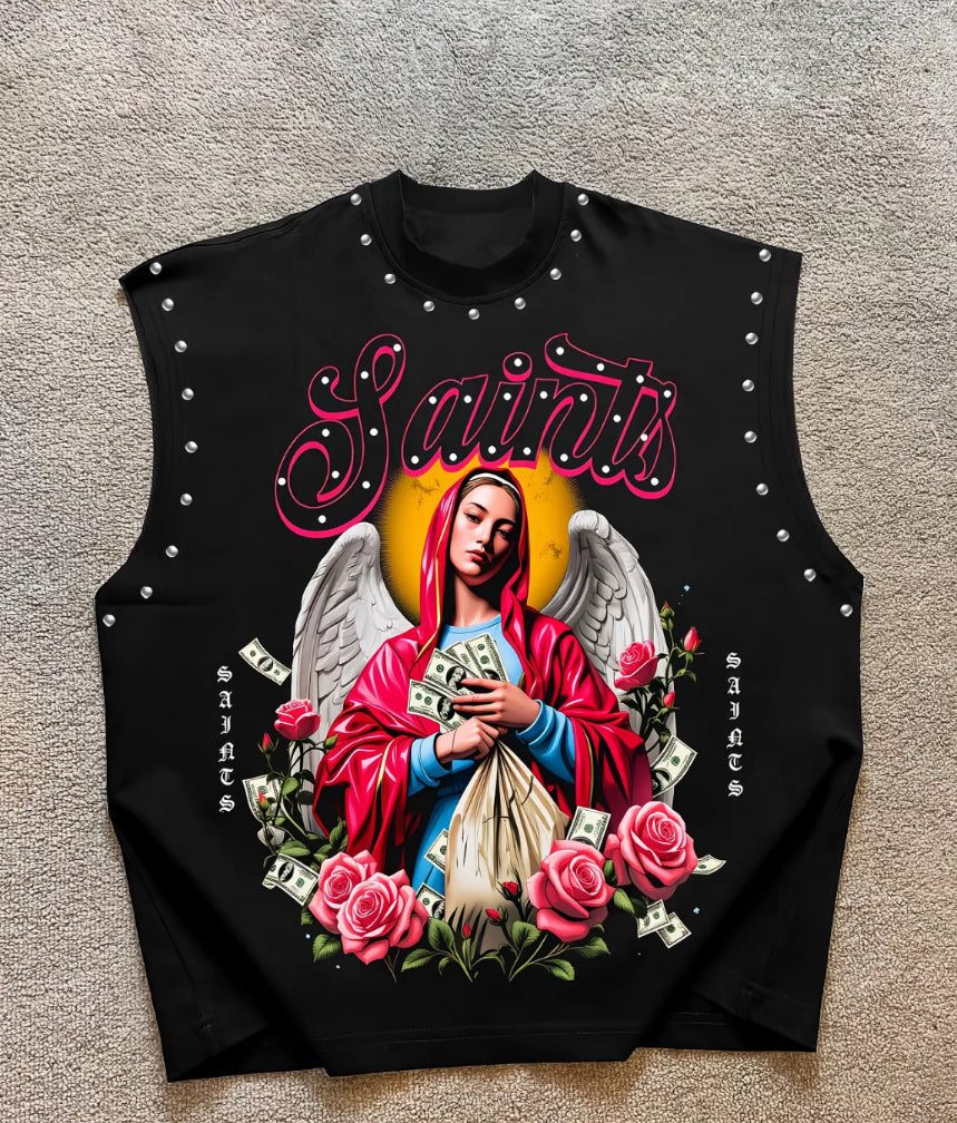 Vintage Letter Number Graphic Rivet Sleeveless Loose Vest Top Women