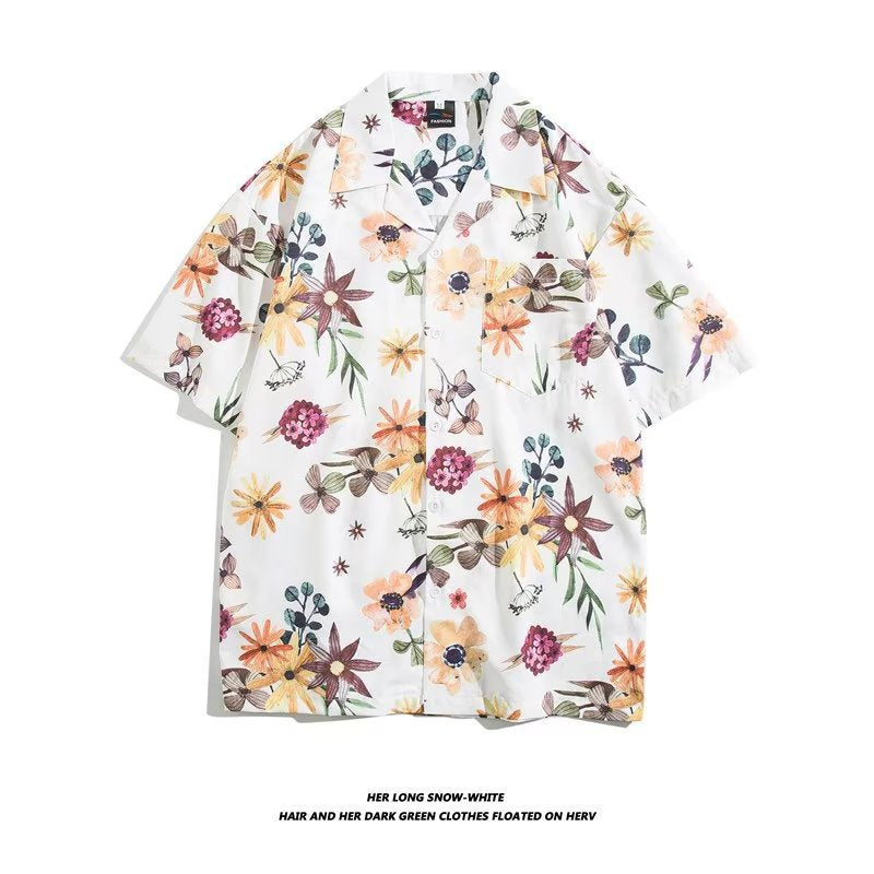 Unisex Vintage Camp Collar Tropical Floral Loose Beach Vacation Shirt 1301-1341