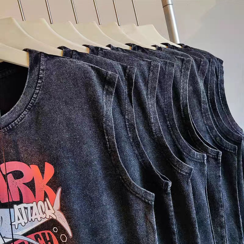 Vintage Washed Mens Tank Top Loose Graphic Summer Sleeveless Vest