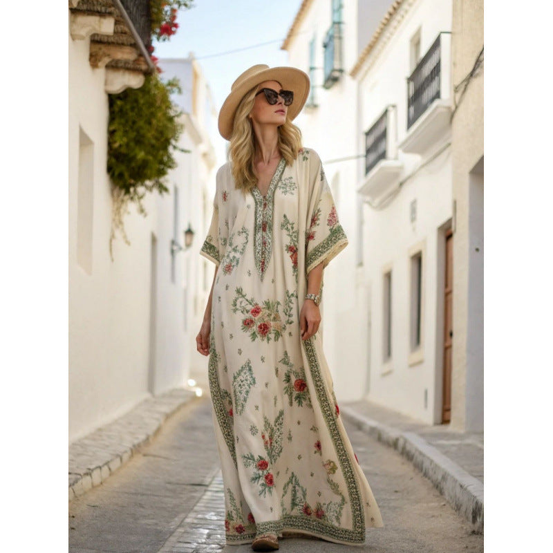 Women Boho Floral Border Print V Neck Loose Kaftan Maxi Beach Dress
