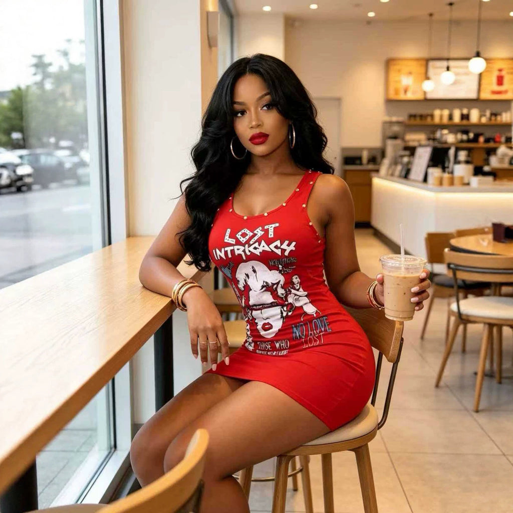 Lost Intricacy Graphic Rivet Tank Backless Bodycon Mini Dress Women