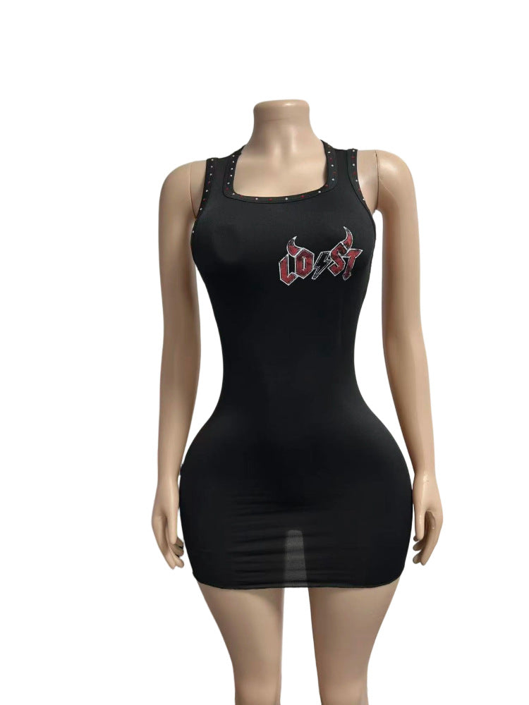 Lost Intricacy Rhinestone Letter Print Tank Bodycon Mini Dress Women