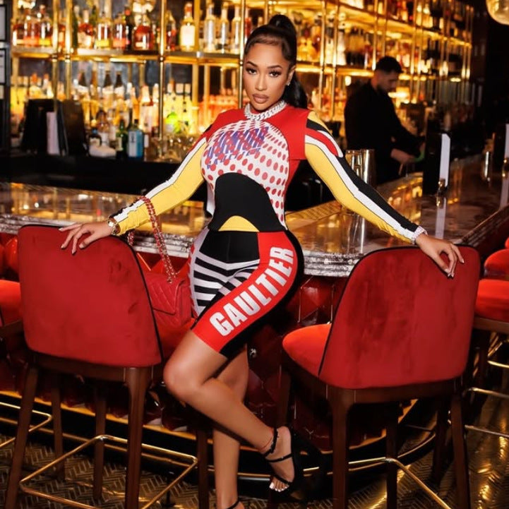 Color Block Letter Print Long Sleeve Crop Top Biker Shorts 2 Piece Set Women
