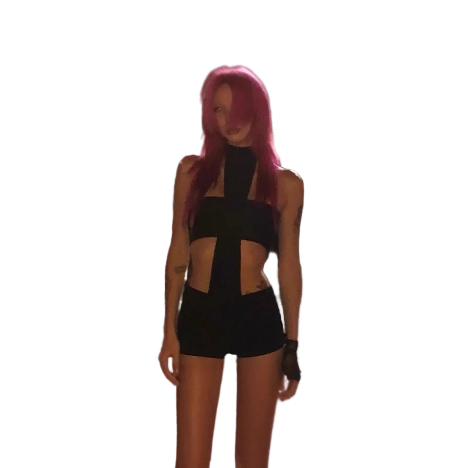 Halter Neck Cutout Bodycon 2 Piece Outfit Women Sexy Club Shorts Set