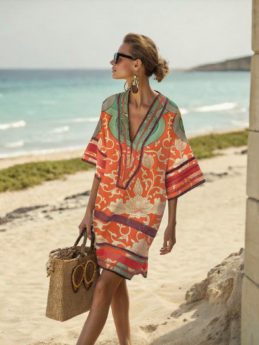 Women Boho Striped V Neck Loose Kaftan Midi Beach Dress