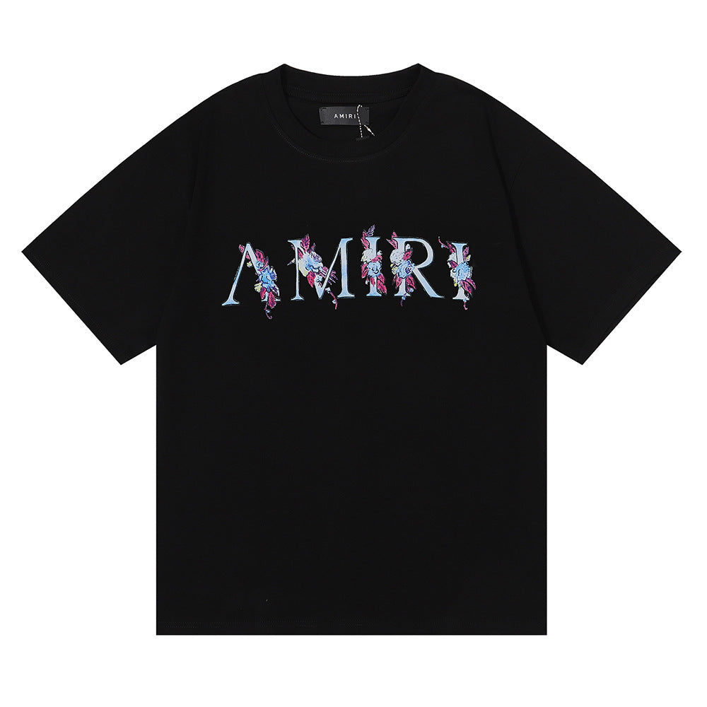 Amiri Rose Skull Letter Graphic Short Sleeve Tee Streetwear Unisex