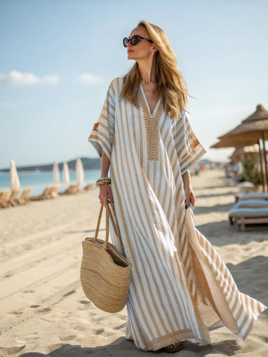Women Boho Abstract Print V Neck Batwing Loose Kaftan Maxi Beach Dress