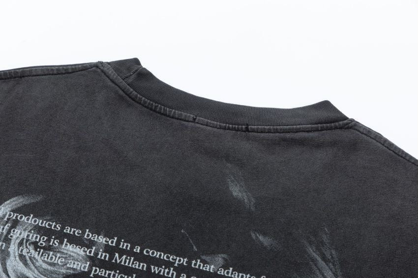 Washed Vintage Black Oil Painting Crew Neck Short Sleeve T Shirt
