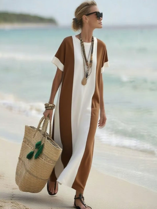 Women Boho Color Block Short Sleeve Kaftan Maxi Beach Dress