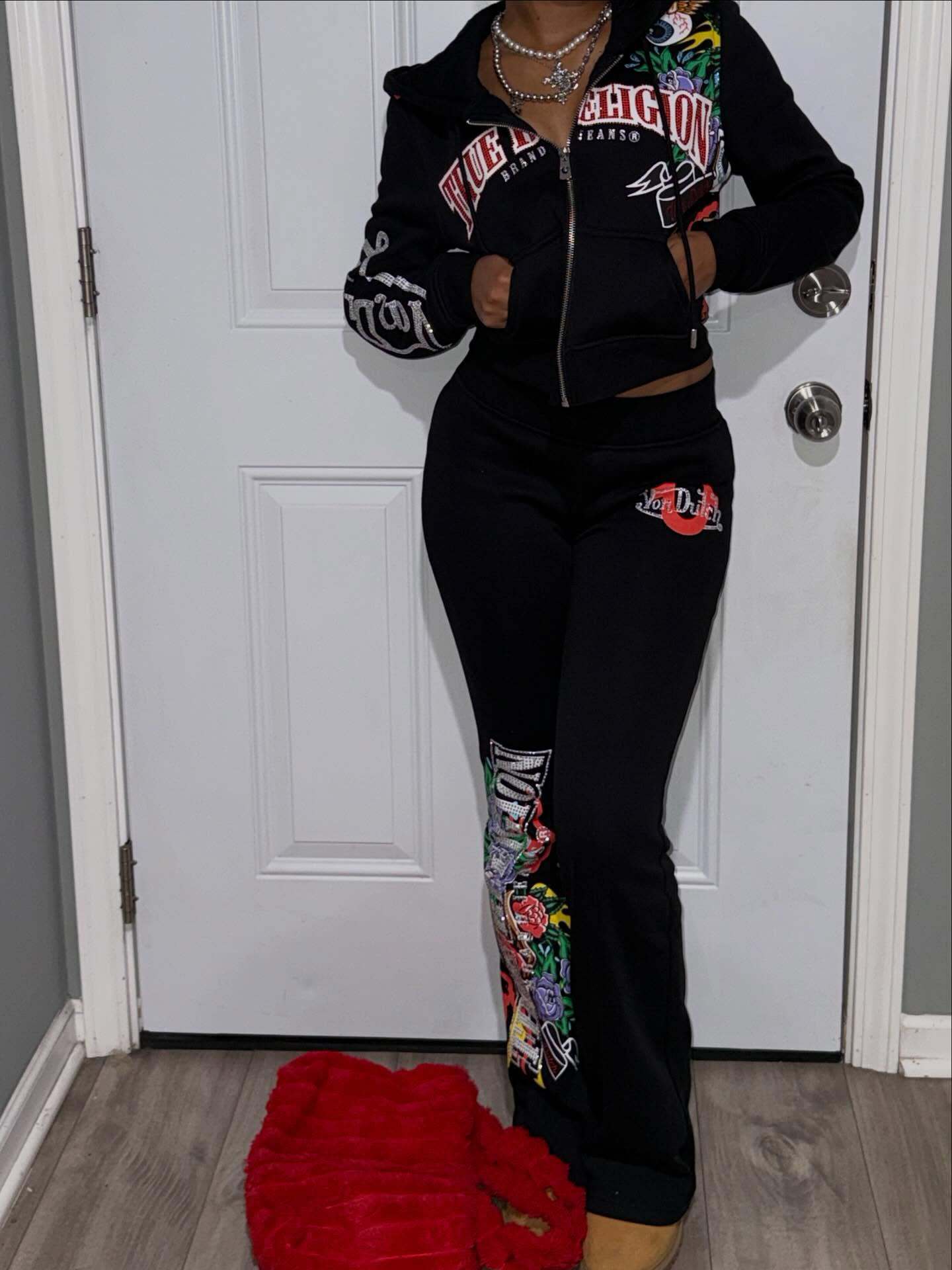 True Religion Graphic Zip Crop Hoodie Flare Pants 2 Piece Set
