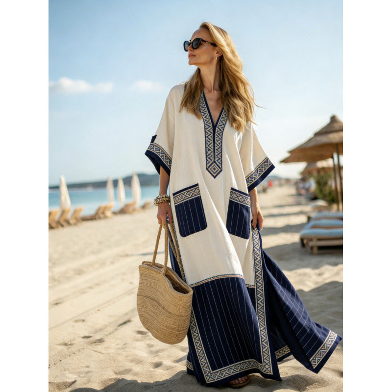Women Boho Striped V Neck Open Front Loose Kaftan Maxi Beach Dress