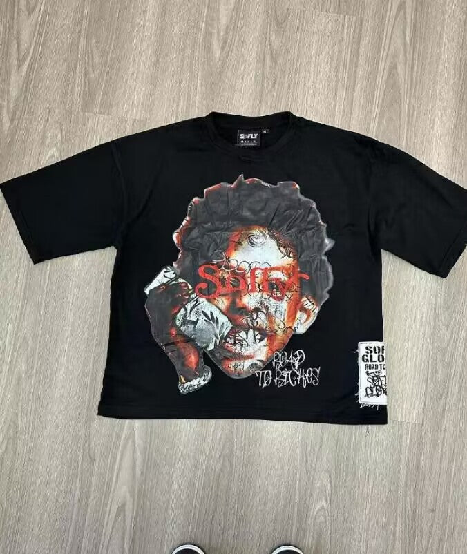 Y2K Gothic Monstergesicht Strassdruck Unisex Kurzarm T-Shirt