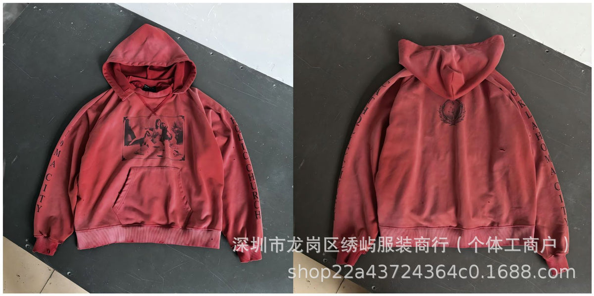 ERD Distressed Photo Letter Print Hoodie Vintage Cotton Pullover