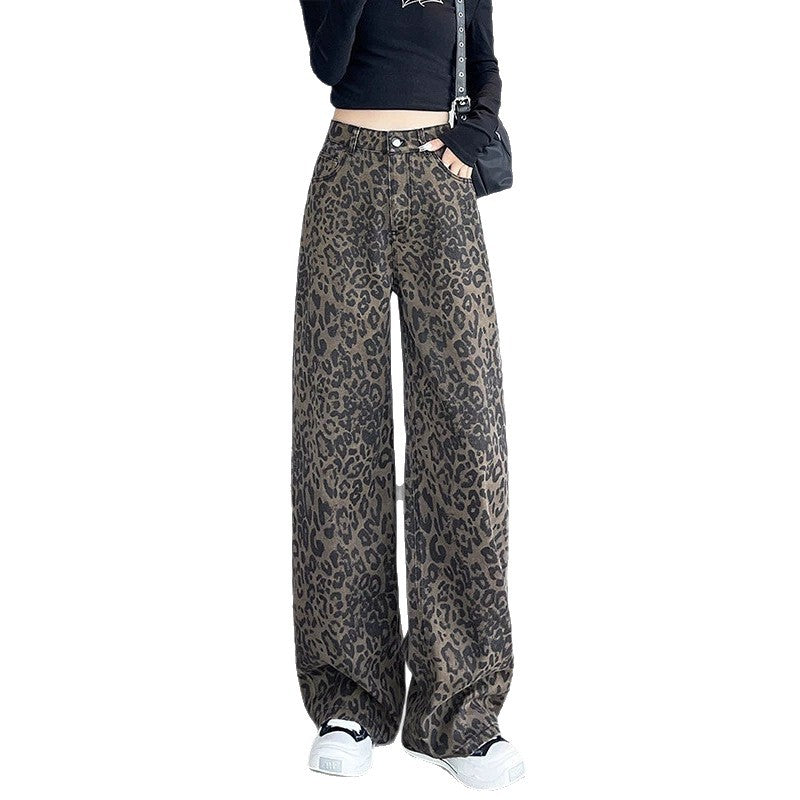Leopard Print Wide Leg Denim Jeans High Waist Loose Straight Pants