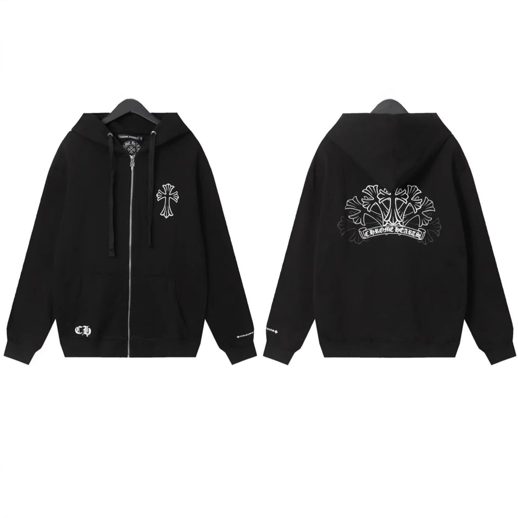 Chrome Hearts Horseshoe Sanskrit Cross Zip Up Hoodie Streetwear Unisex