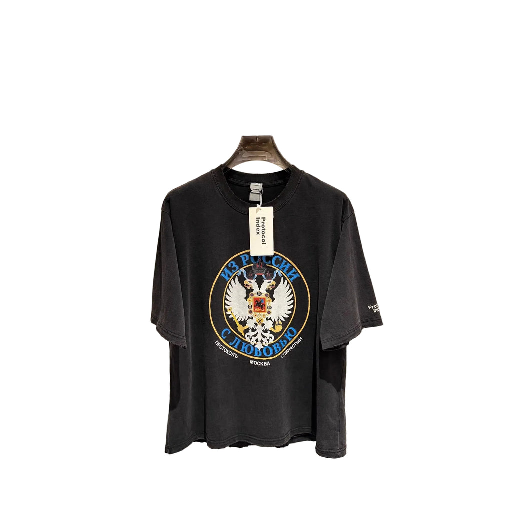 Washed Distressed Double Head Eagle Graphic Crew Neck Short Sleeve T Shirt