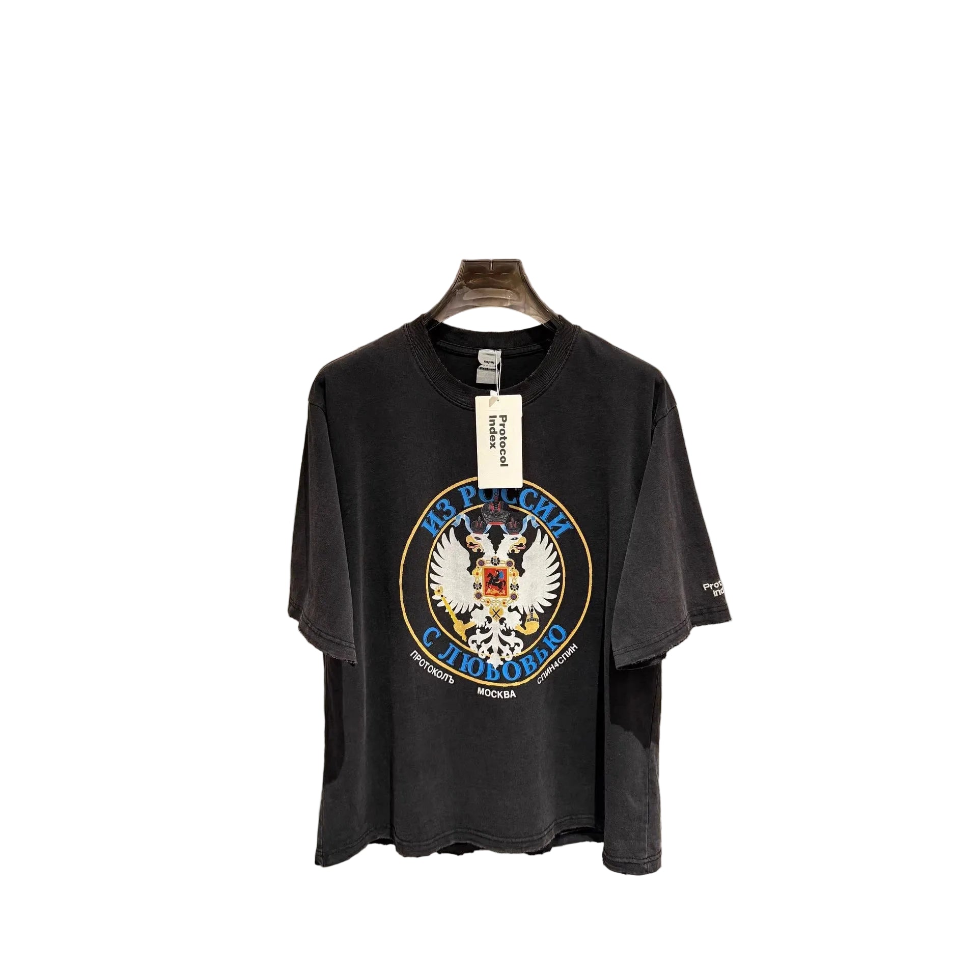 Washed Distressed Double Head Eagle Graphic Crew Neck Short Sleeve T Shirt