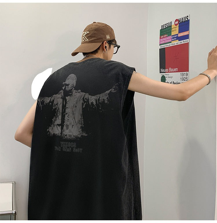 Vintage Washed Graphic Tank Mens Loose American Hip Hop Sleeveless Tee