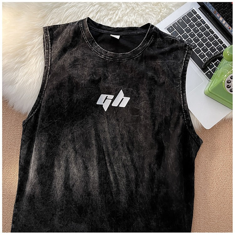 Vintage Washed Graphic Tank Mens Loose American Hip Hop Sleeveless Tee