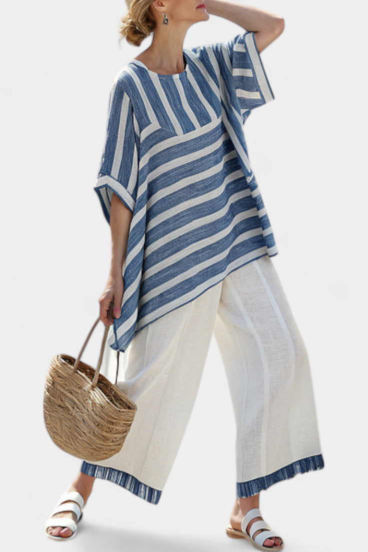 Women European Boho Striped Plus Size Loose Kaftan Beach Vacation Set