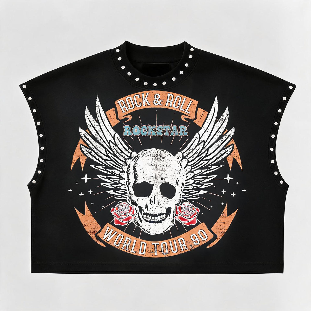 Rivet Decor Graphic Print Crew Neck Sleeveless Crop Tank Top Women