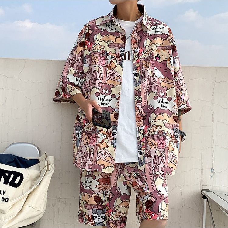 Couple Quick Dry Floral Loose Tropical Beach Shirt Shorts Set