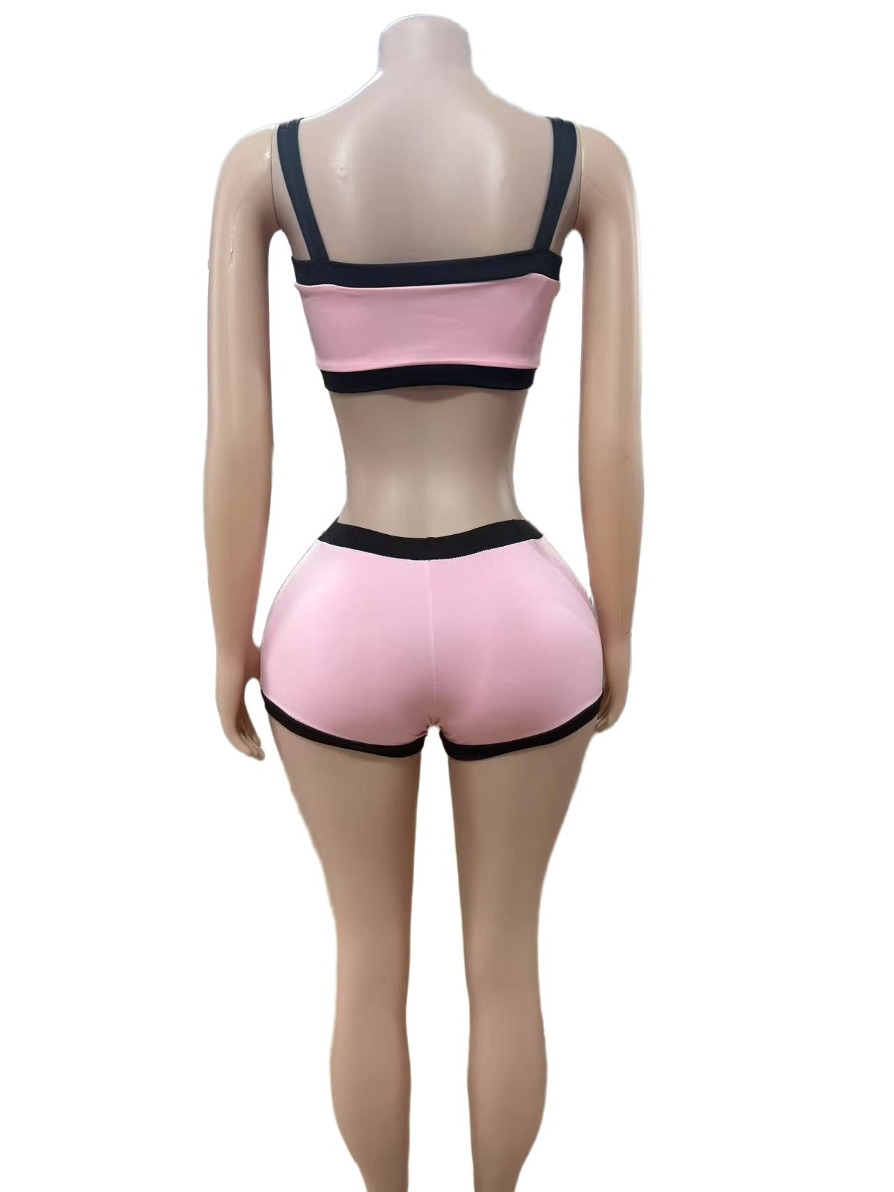 Color Block Spaghetti Strap Crop Top Biker Shorts 2 Piece Set Women