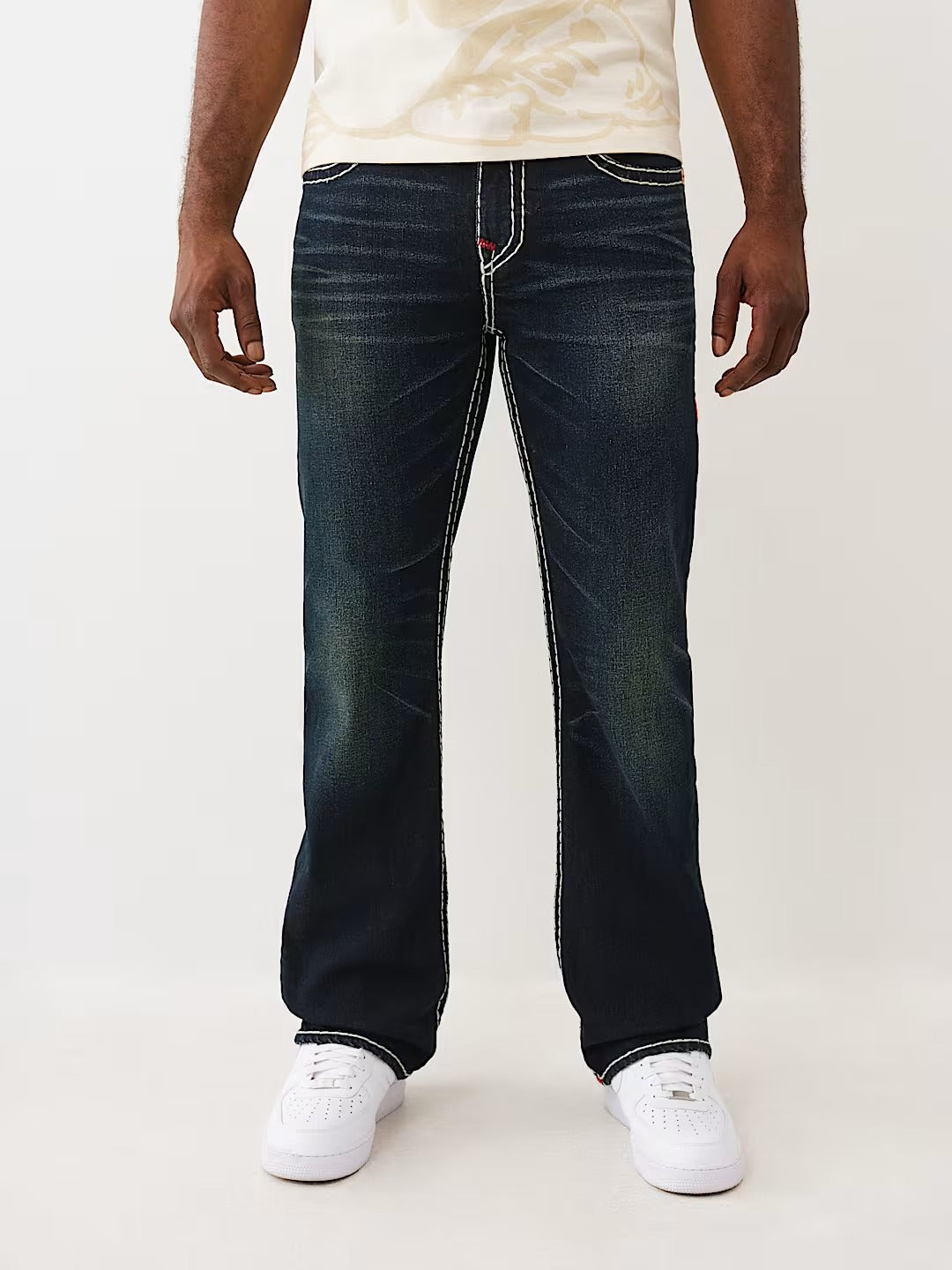True Religion White Contrast Stitch Horseshoe Straight Jeans Men Y2K